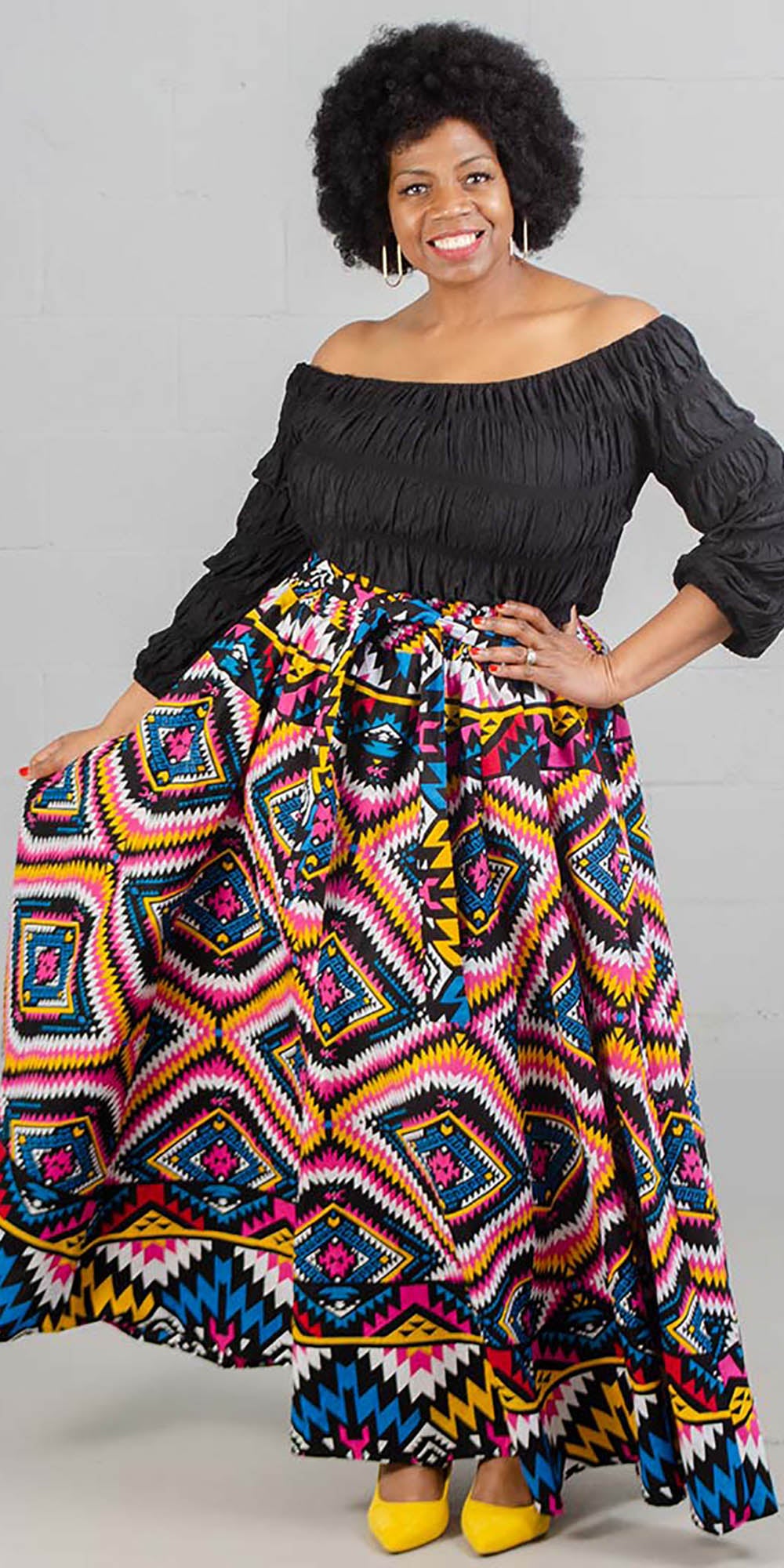 KaraChic 7001-517 - Womens Multi Print Maxi (Long) Skirt With Elastic Waist & Sash