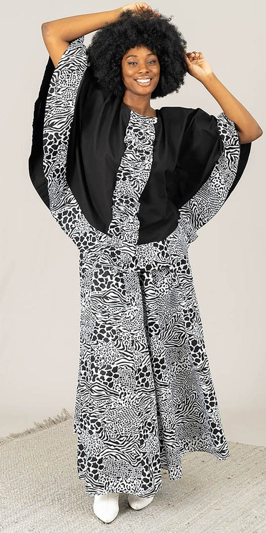 KaraChic 7001-520 - Womens Black/White African Print Maxi Skirt With Elastic Waist & Sash