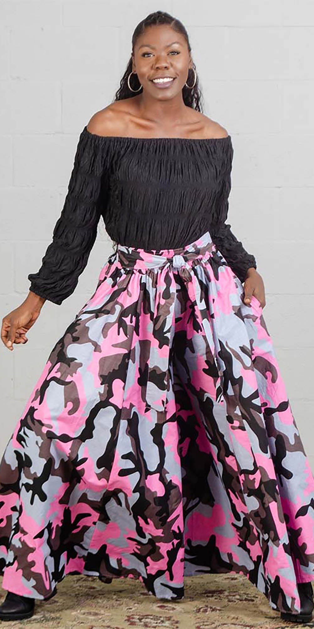KaraChic 701-Pink/Gray Camo - Womens Camouflage Print Wide Leg Pants With Pockets
