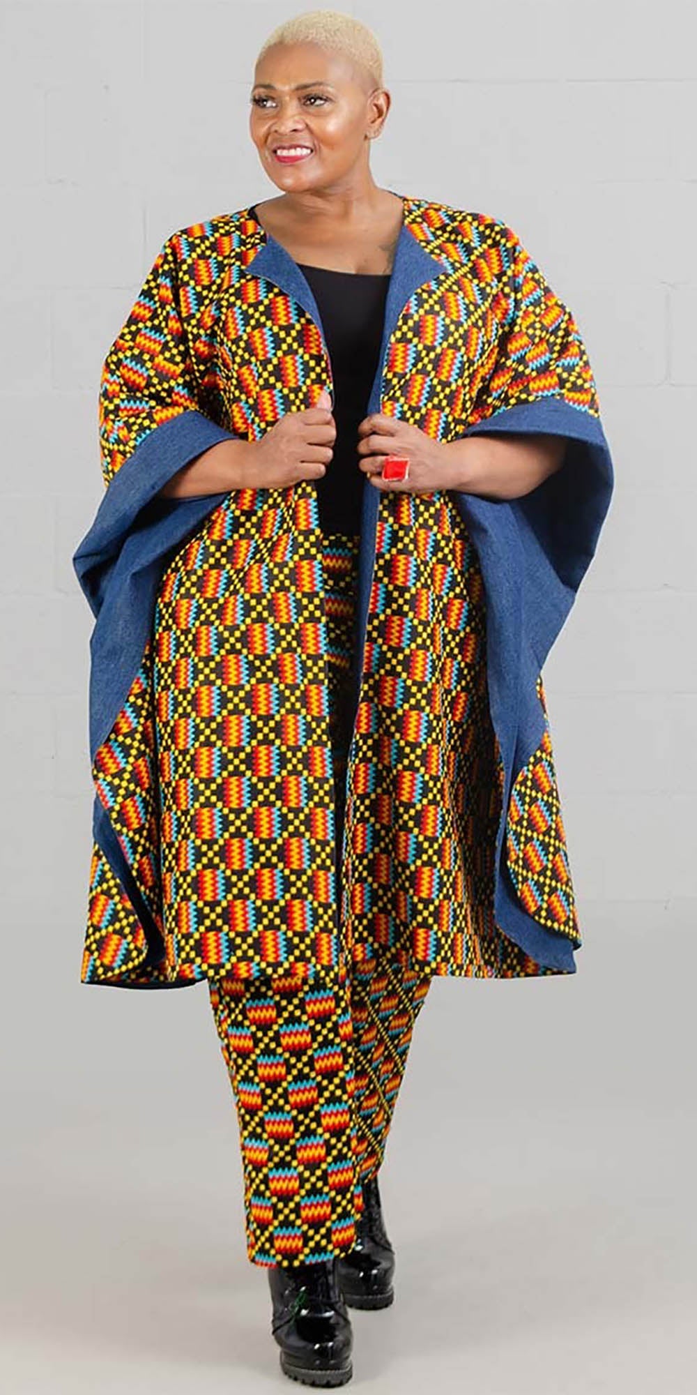 KaraChic 7021-BlackYellow - Womens Bold Print Poncho Duster With Denim Lining