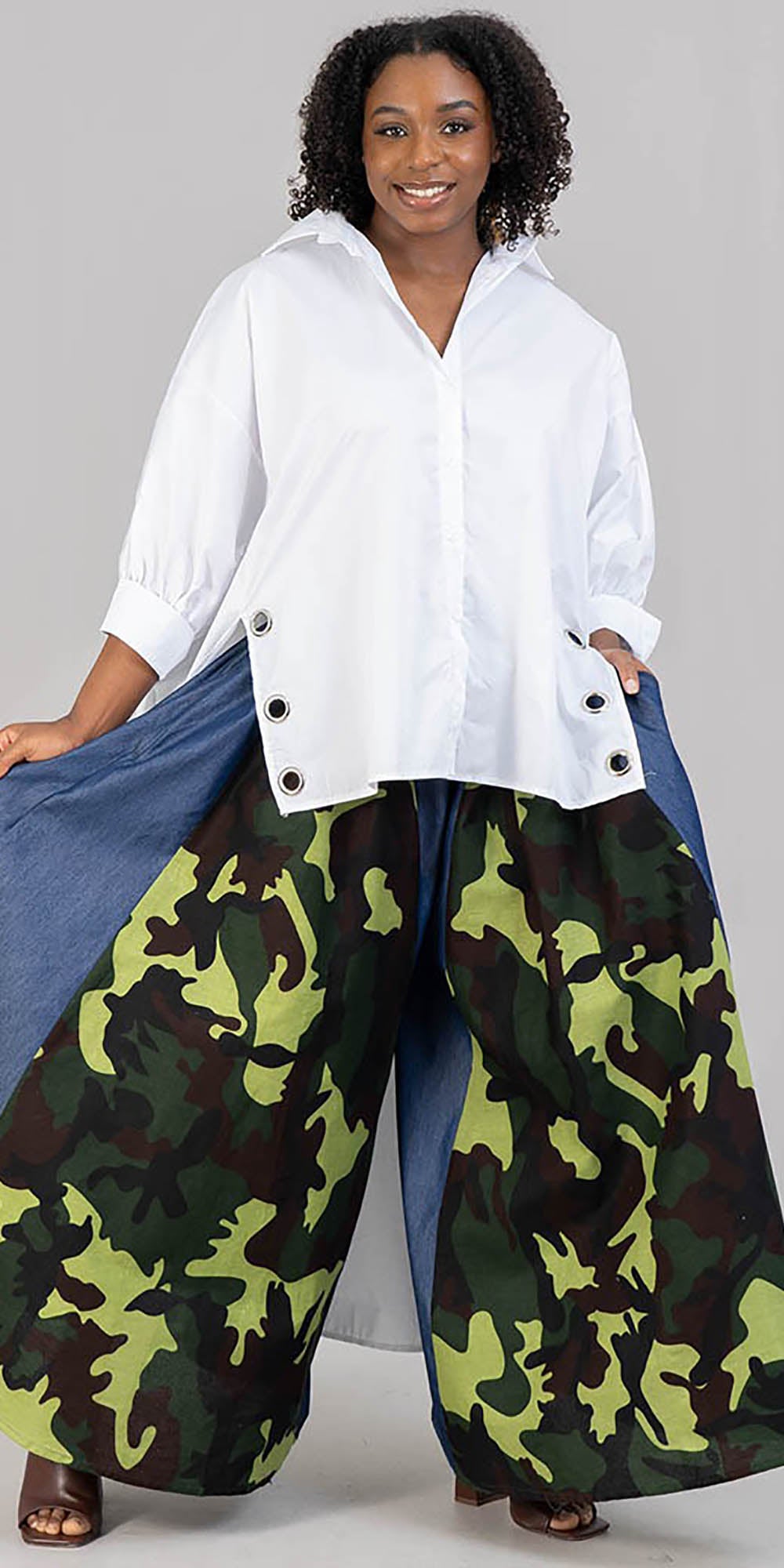 KaraChic KAR-702D - Womens Camo & Denim Wide Leg Pant