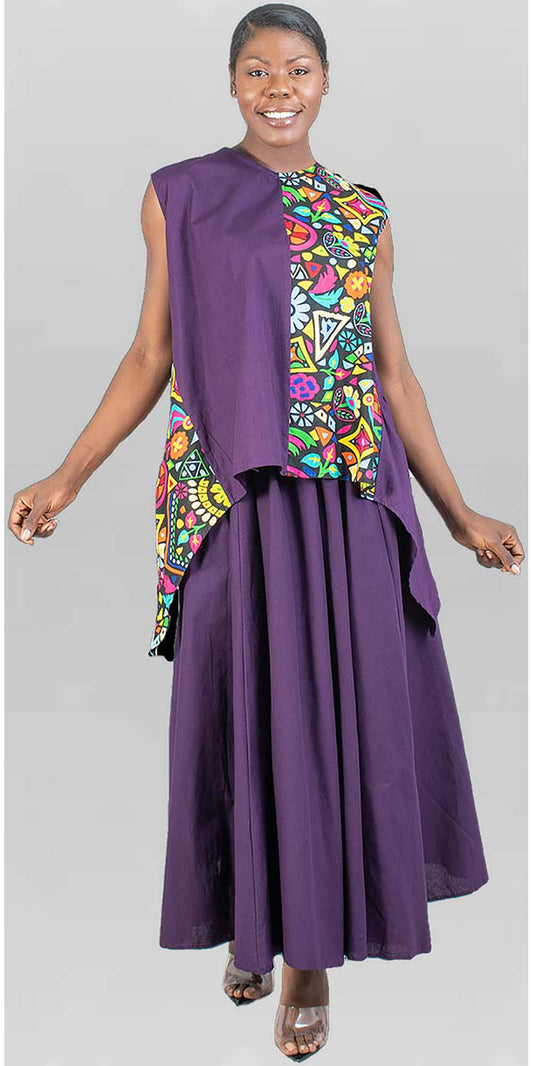 KaraChic 7222-Purple - Womens African Style Print Sleeveless Sharkbite Hem Top
