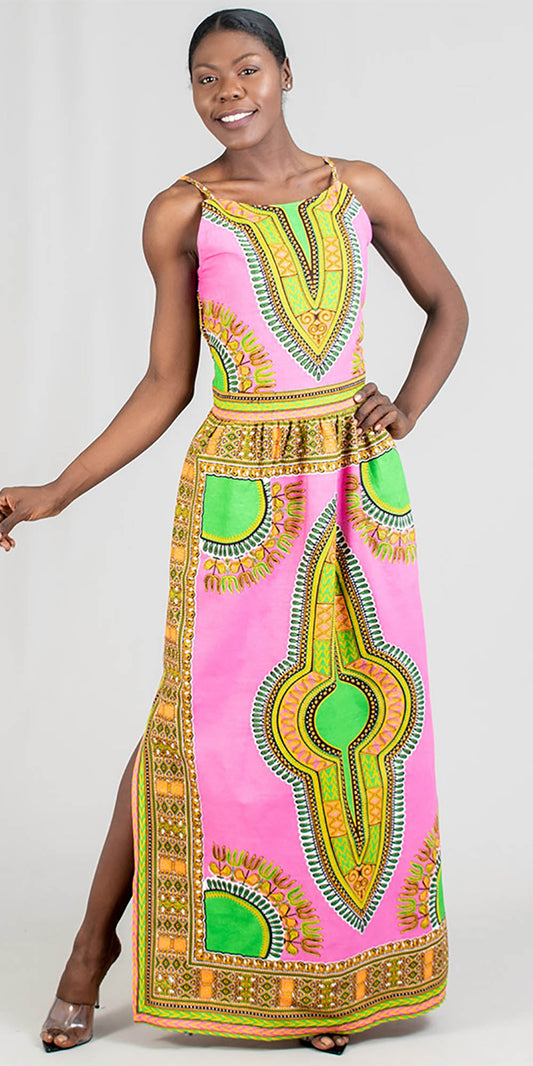 KaraChic 7260 - Womens African Print Side Split Maxi (Long) Dress