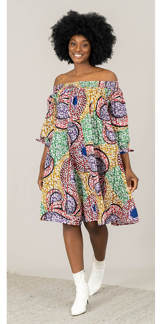 KaraChic 7553-525 - Bow Sleeve Off-Shoulder Smocked Neckline Dress In African Inspired Print Design