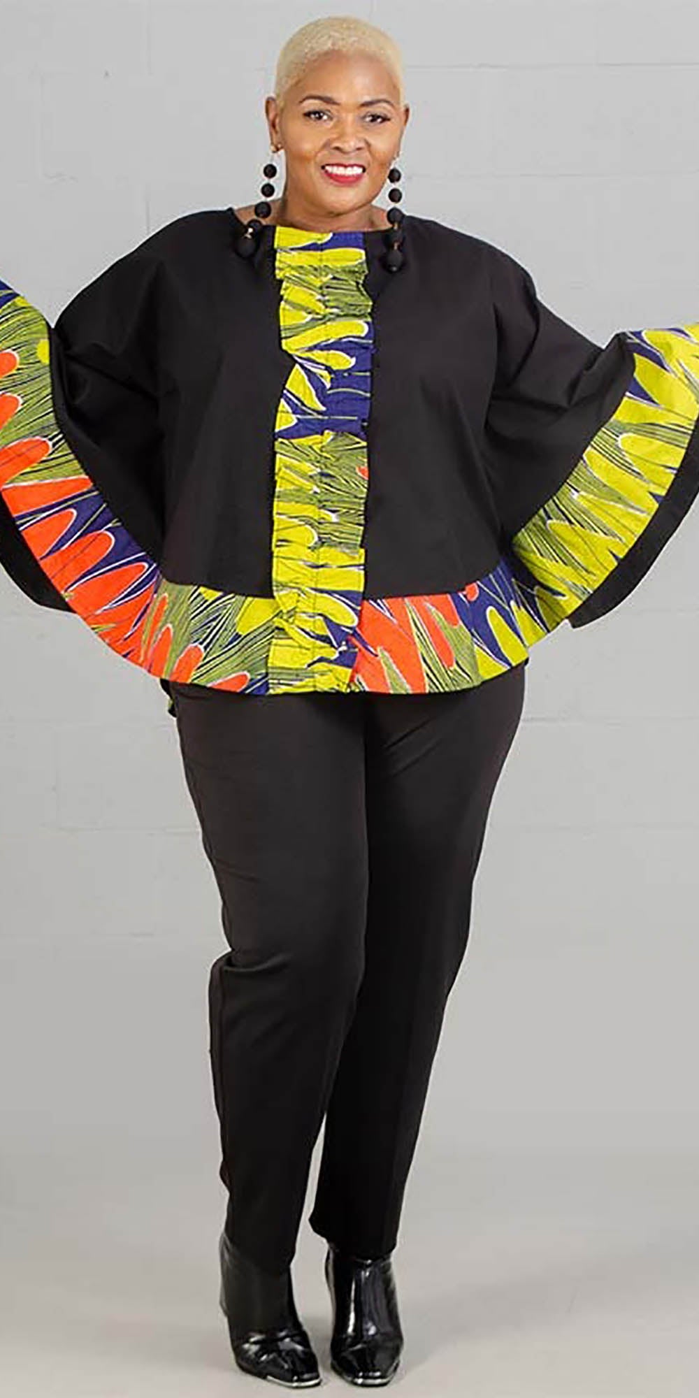 KaraChic 7558-BlueMulti - Womens Poncho Style Top With African Inspired Print Border