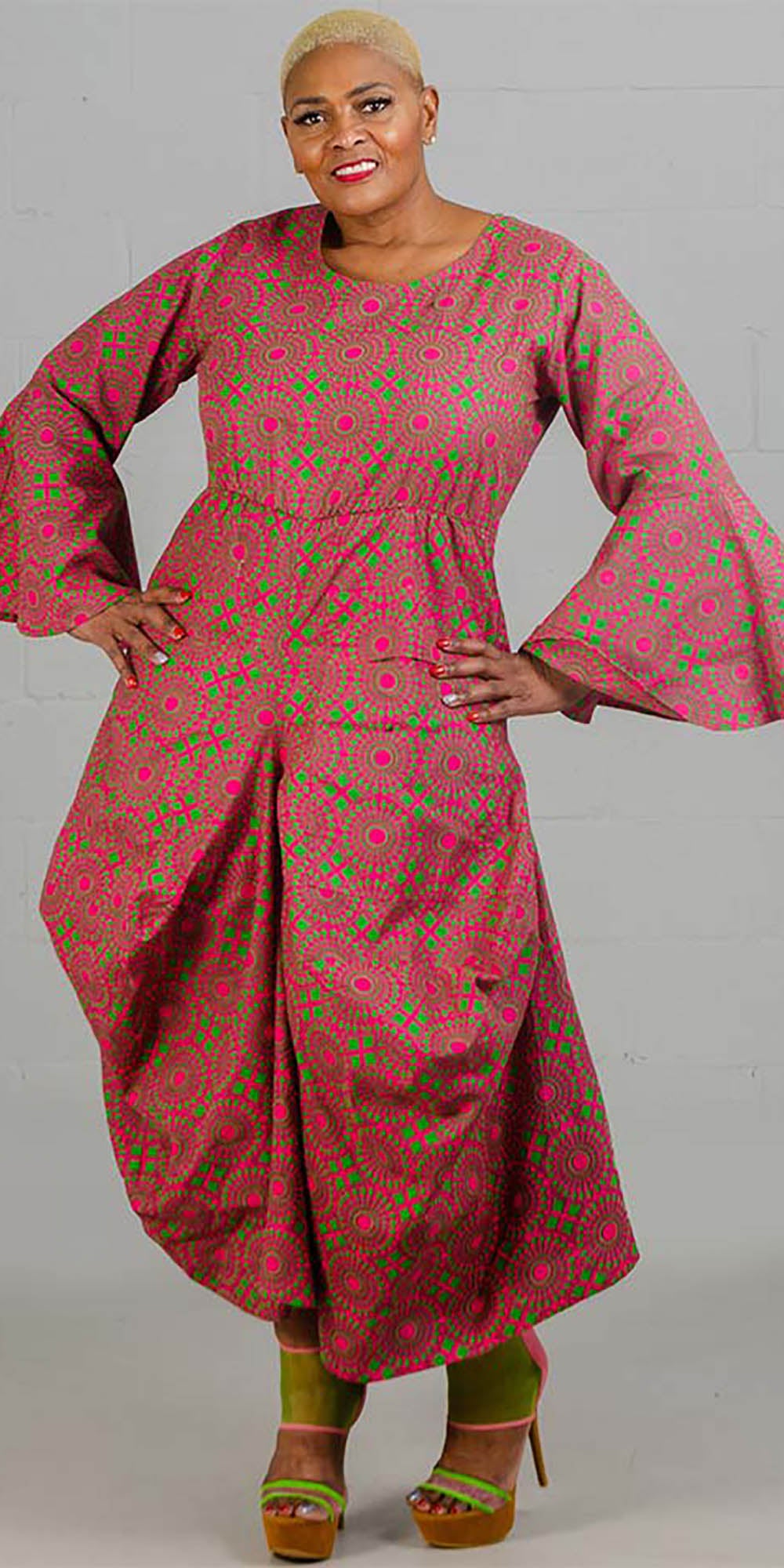 KaraChic 7561A-Fuchsia/Green - Womens Bell Sleeve Print Dress