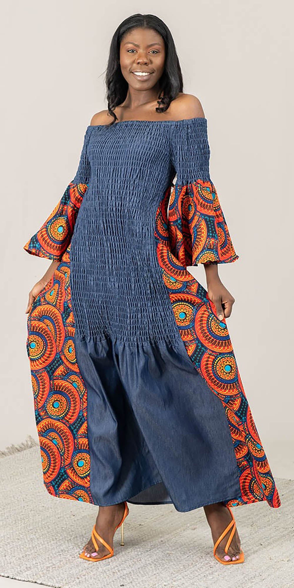 KaraChic 7563D-530 - Womens Bell Sleeve Smocked Denim & Contrast Print Dress