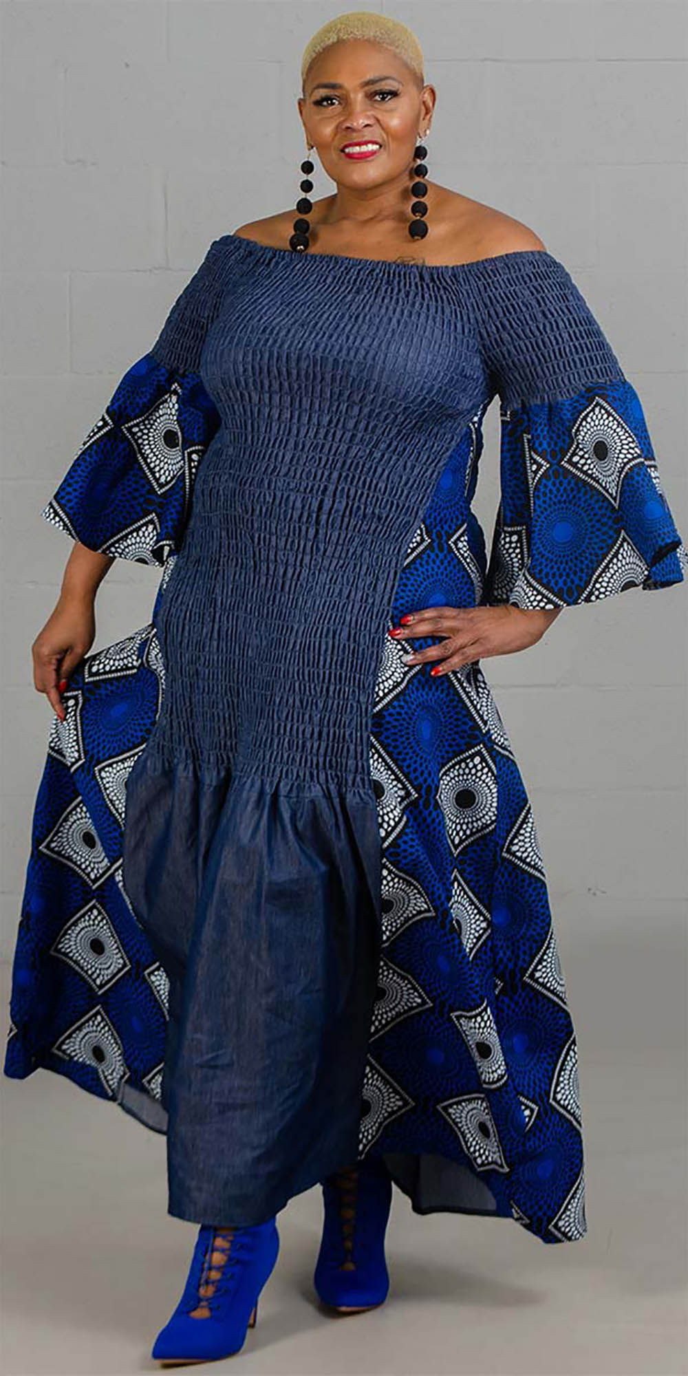 KaraChic 7563D-Blue/White/Black - Womens Bell Sleeve Smocked Denim & Contrast Print Dress