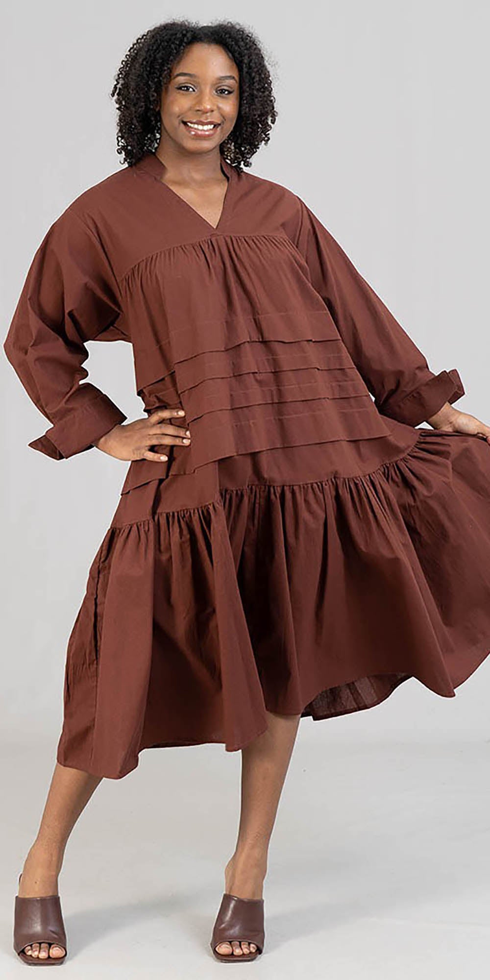 KaraChic 7580S - Brown -Womens Cuff-Sleeve Tiered Tunic Dress