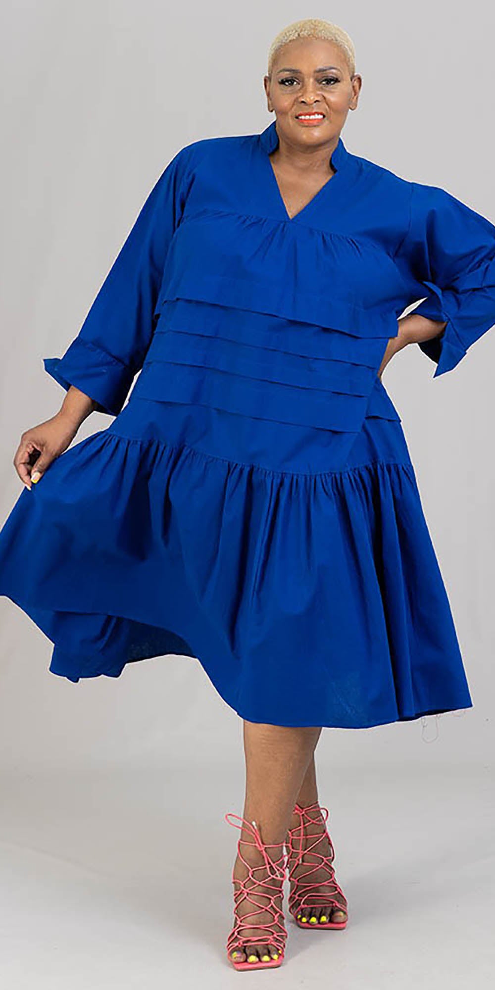 KaraChic 7580S - Royal -Womens Cuff-Sleeve Tiered Tunic Dress