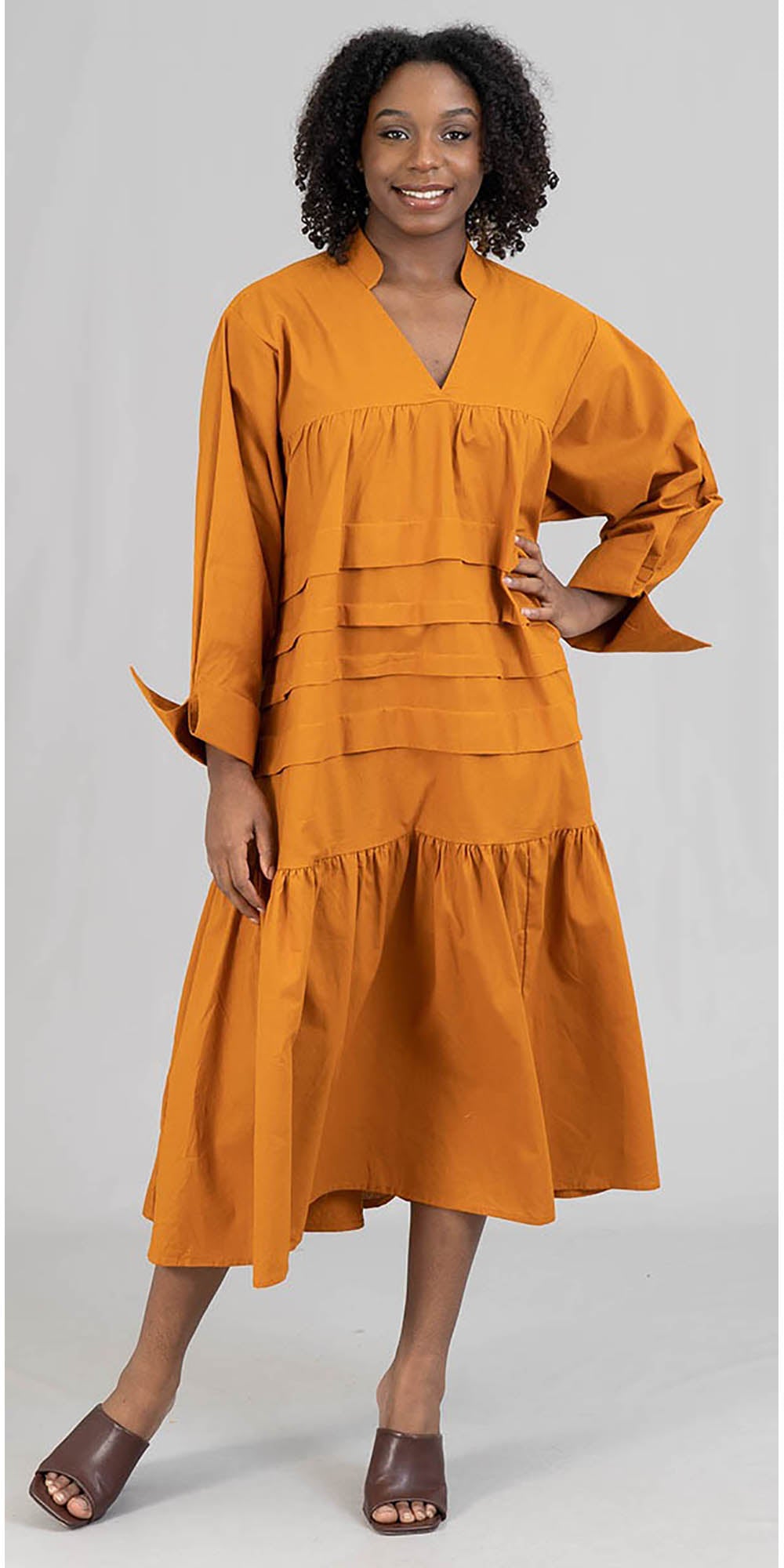 KaraChic 7580S - Tobacco - Womens Cuff-Sleeve Tiered Tunic Dress