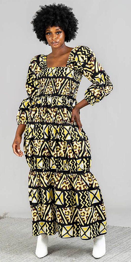 KaraChic 7594-Black / Yellow - Womens Three-Quarter Sleeve African Style Print Maxi Dress