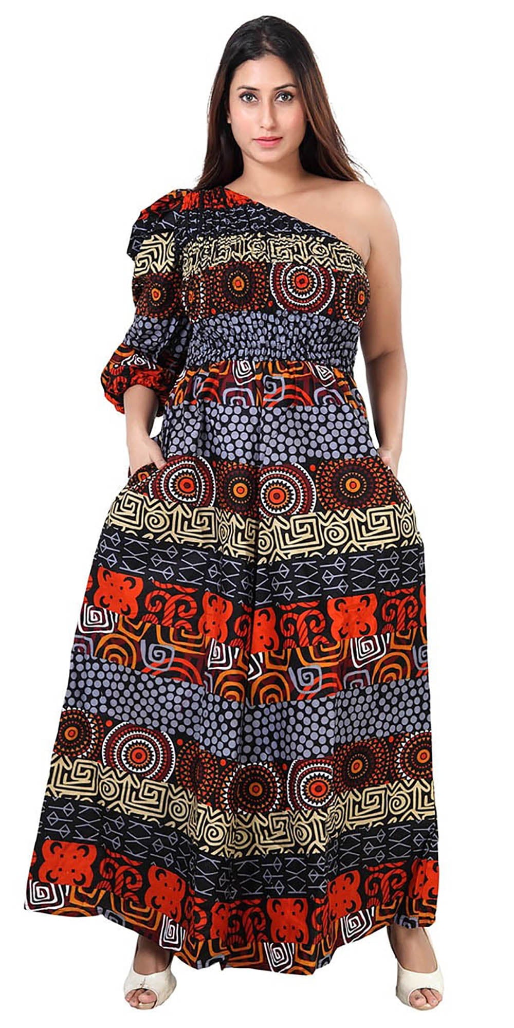 KaraChic 7616 - 539 - Womens One Shoulder Style Smocked Jumpsuit In African Inspired Print