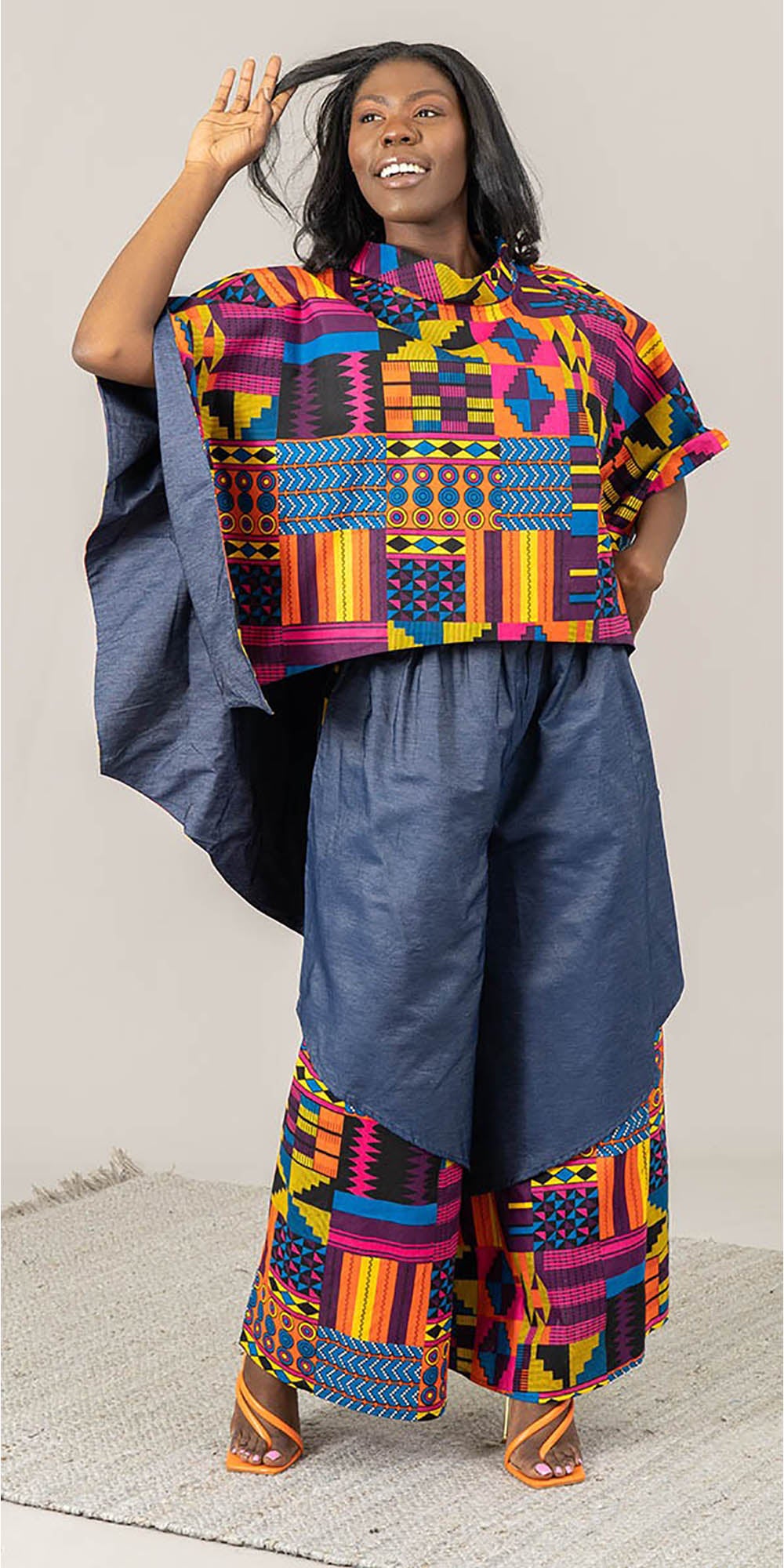 KaraChic 7645D - Denim - Womens Denim Wide Leg Pant with Print Overly