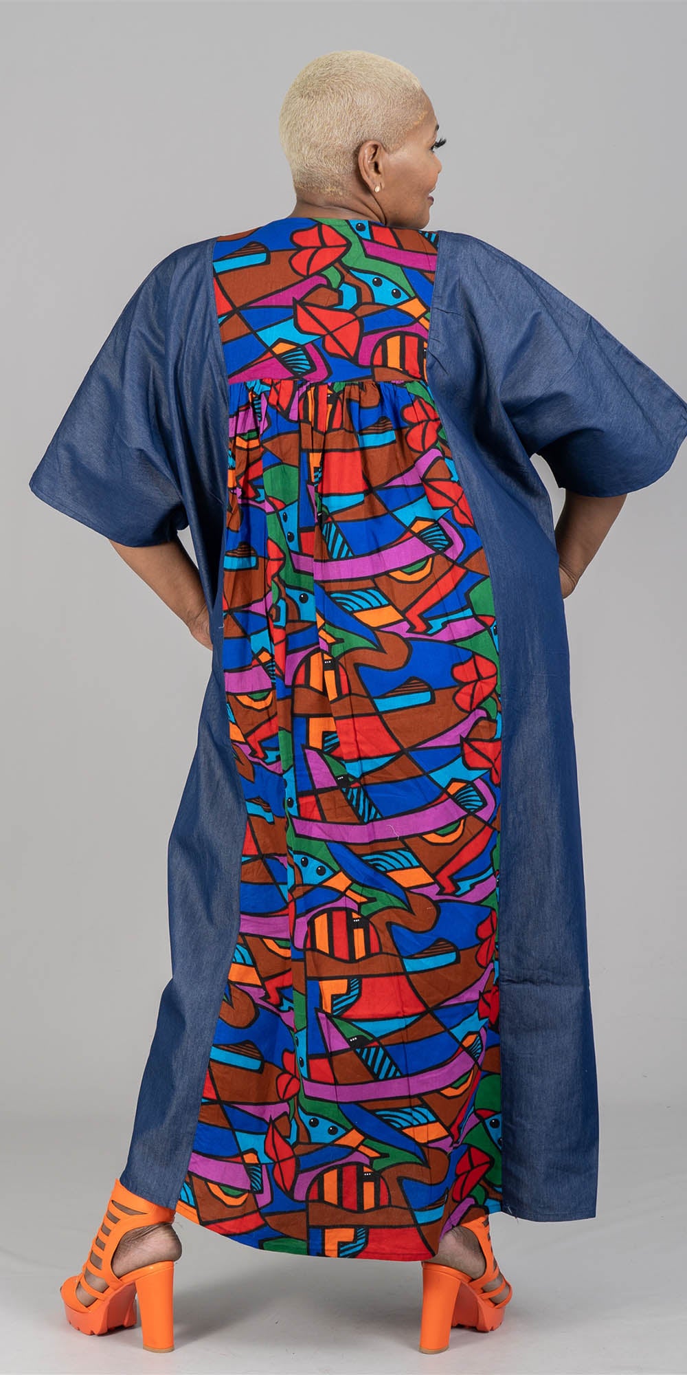 KaraChic 7650D - Womens Wide Sleeve Denim Dress In African Style Print