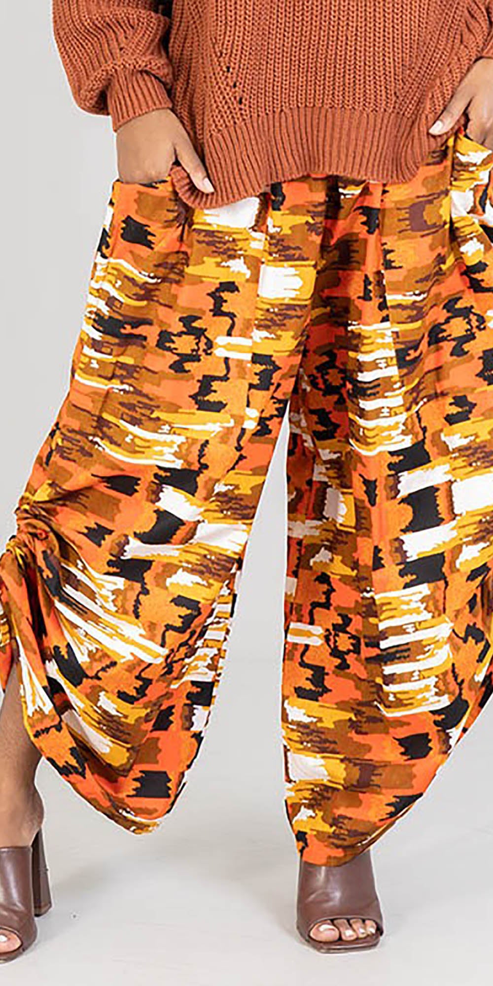 KaraChic 7697-579- Womens African Style Print Wide Leg Pants with Cuff Ties