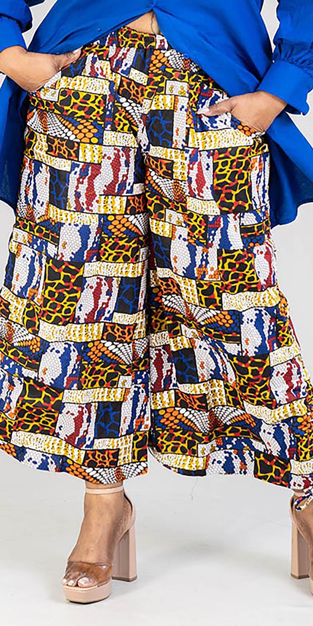 KaraChic 7697-581 - Womens African Style Print Wide Leg Pants with Cuff Ties