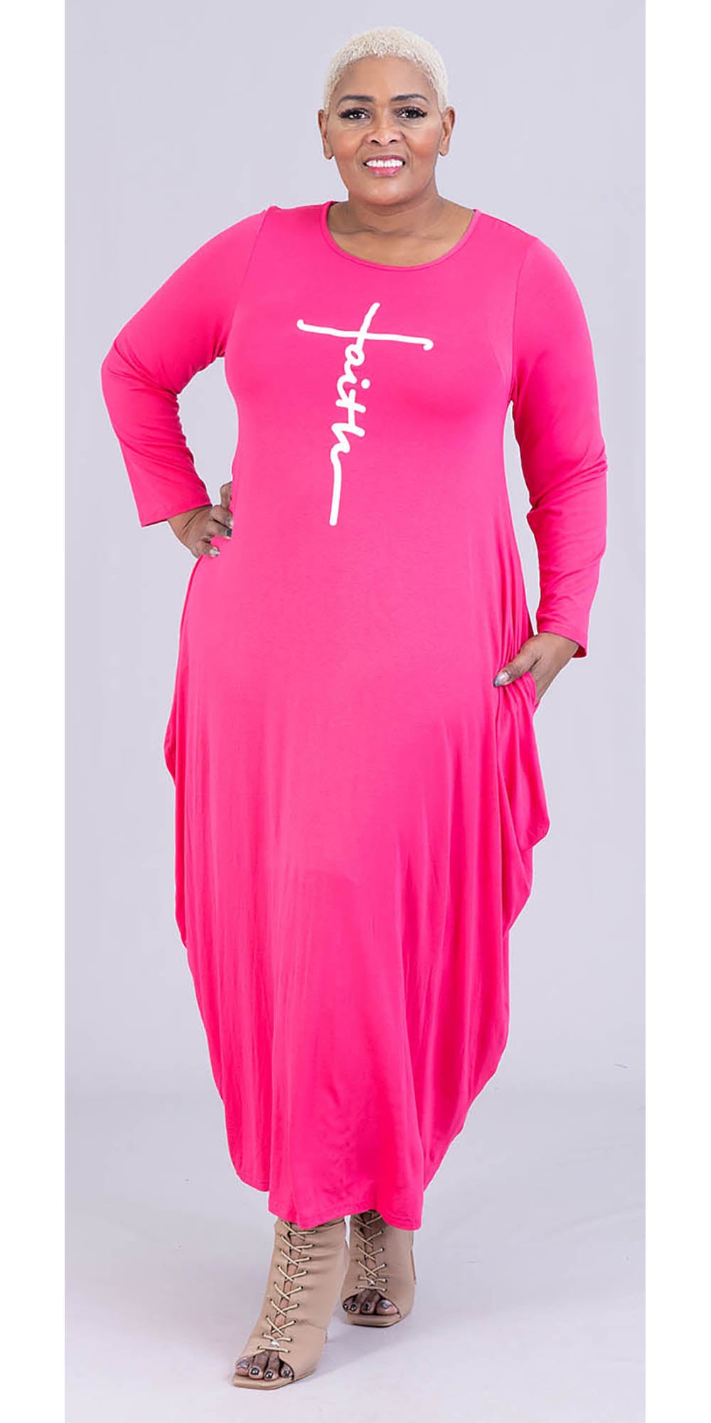 KaraChic CHH20022-Fuchsia - Faith Print Design Womens Long Sleeve Knit Maxi Dress