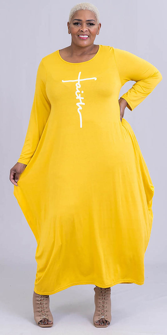 KaraChic CHH20022-Yellow - Faith Print Design Womens Long Sleeve Knit Maxi Dress