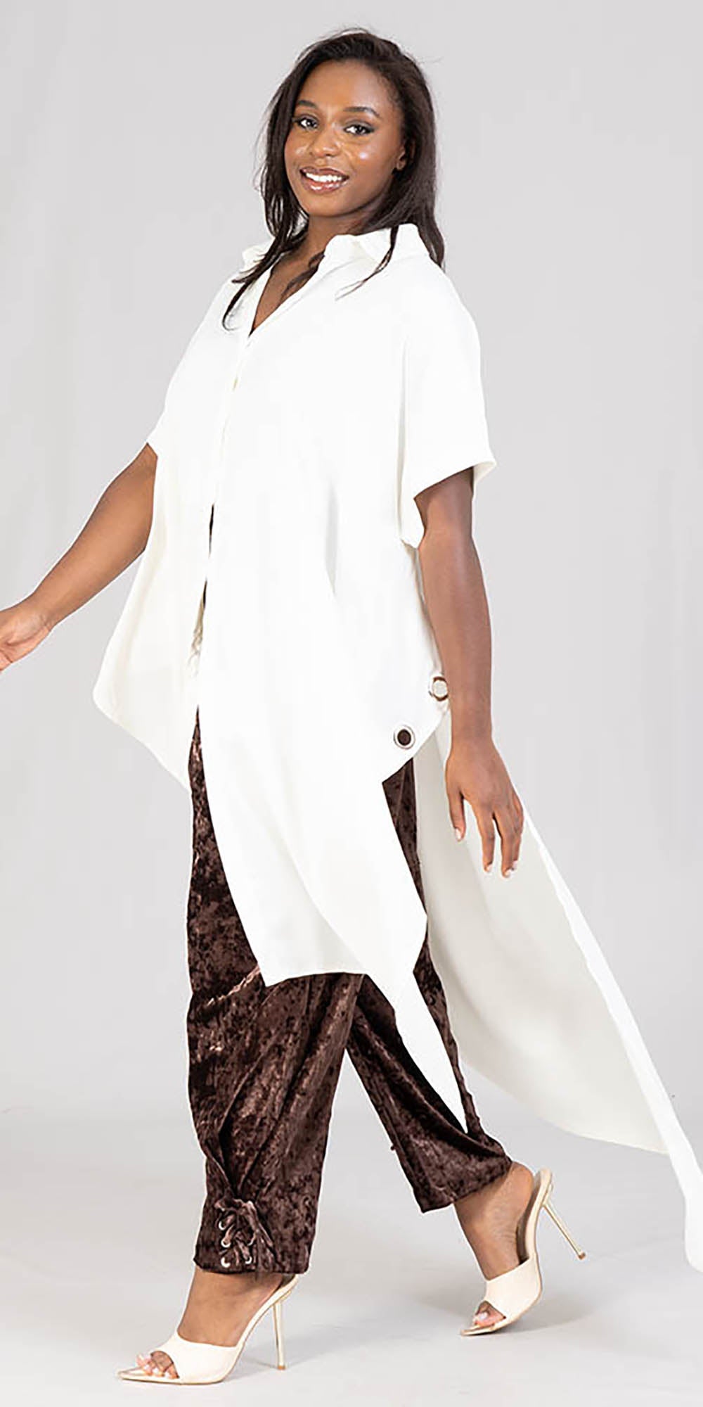 KaraChic CHH21028SS - White - Womens Short Sleeve Trench-Back Style Button-Front Duster With Grommets
