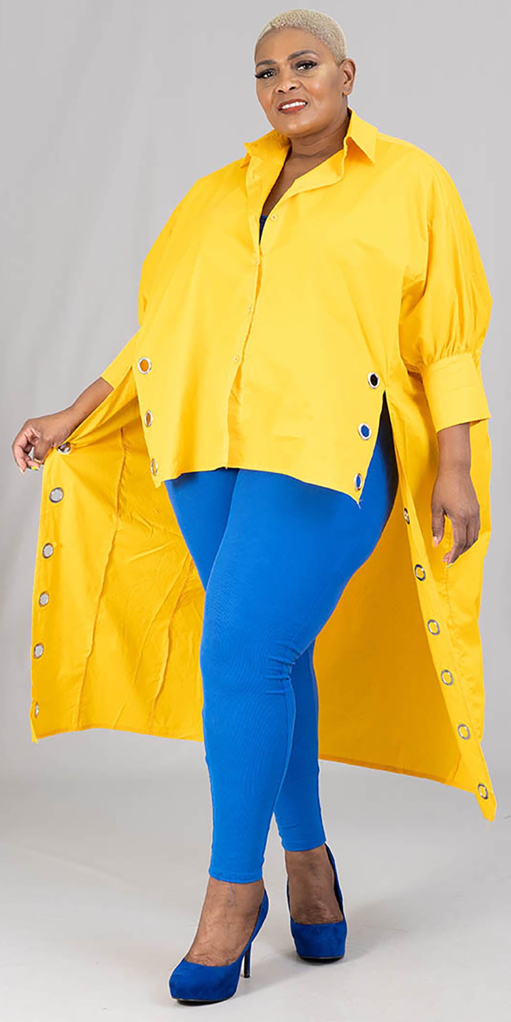 KaraChic CHH21029-Mustard- Womens Hi-Lo Style Button-Front Tunic With Grommets