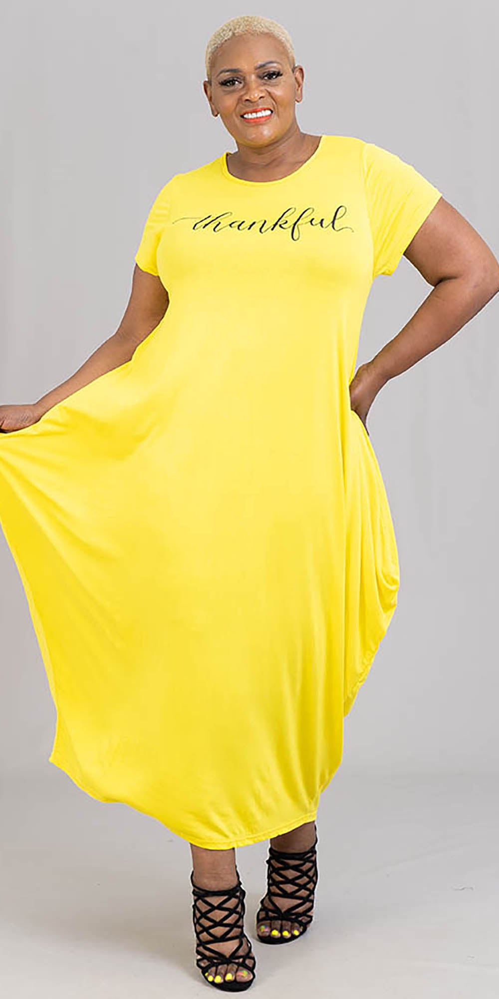 KaraChic CHH21044SS - Yellow -Thankful Print Short Sleeve Knit Maxi Dress