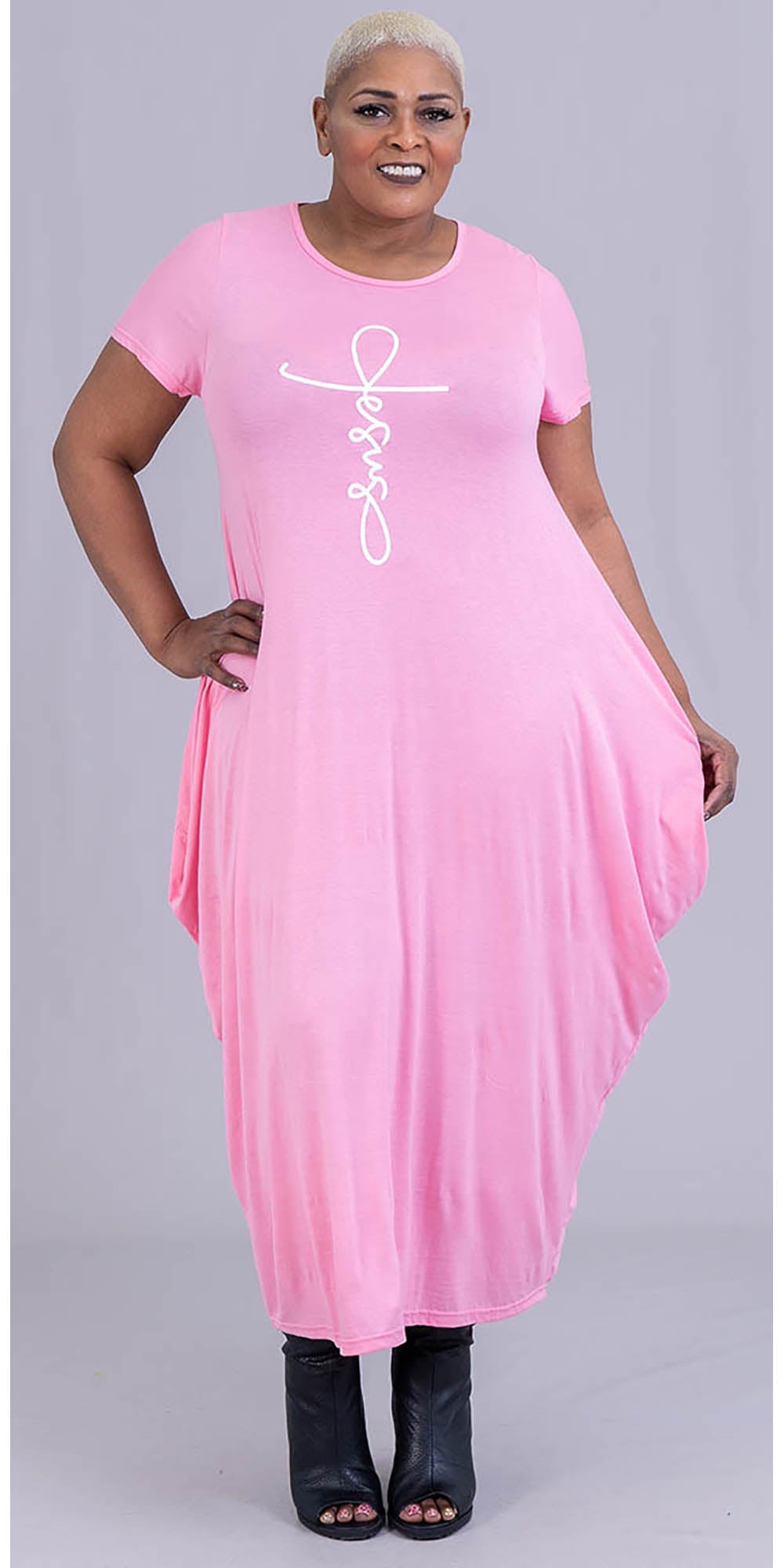 KaraChic CHH21045SS - Pink - Jesus Print Short Sleeve Knit Maxi Dress