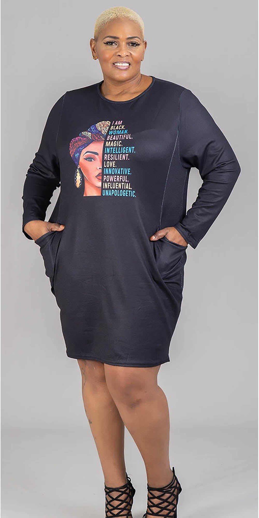 KaraChic CHH21050 - Womens Long Sleeve Dress / Top With Pockets and Empowered Graphic
