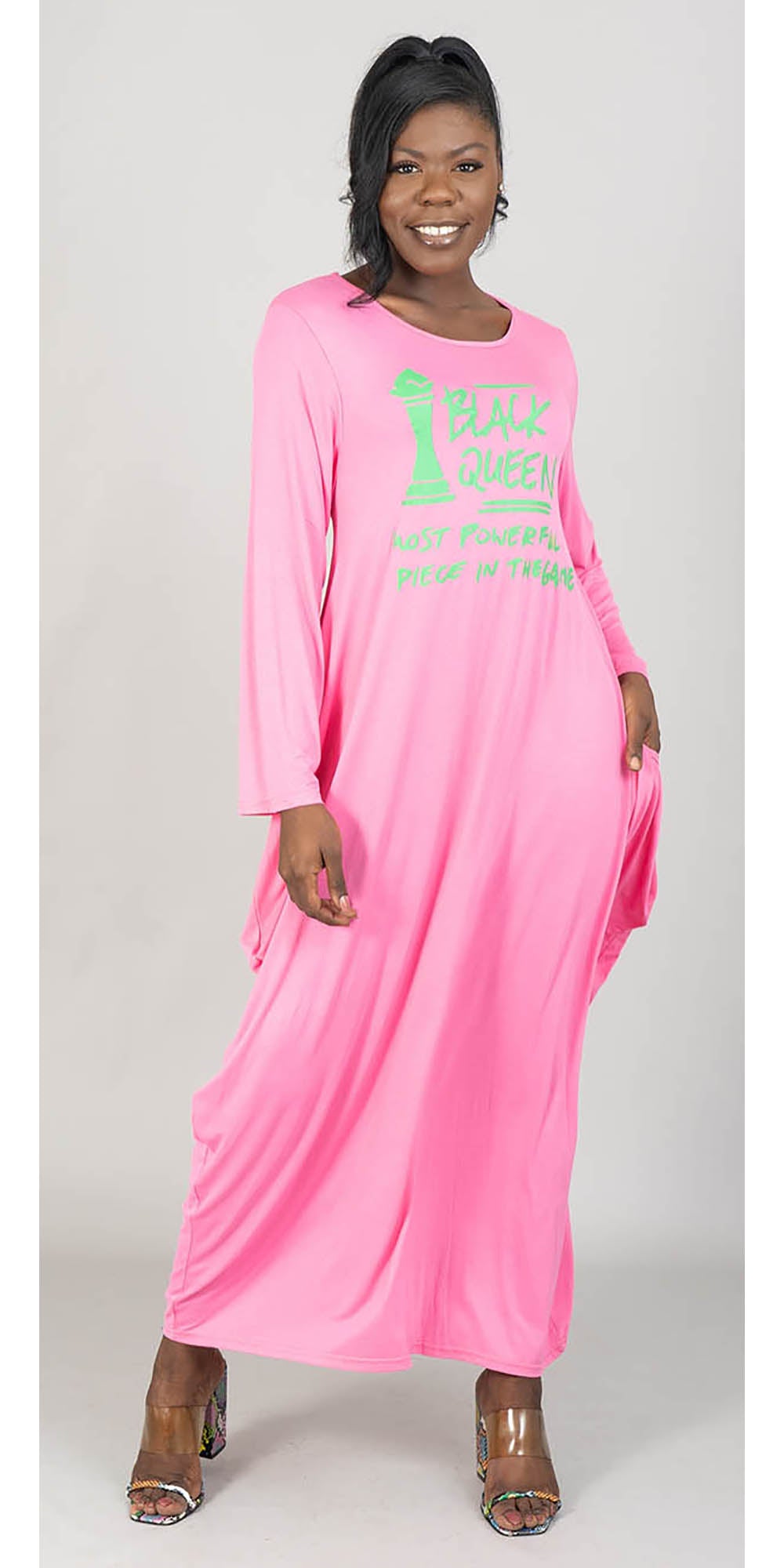 KaraChic - CHH22122 - Pink Green - Black Queen Print Knit Maxi Dress
