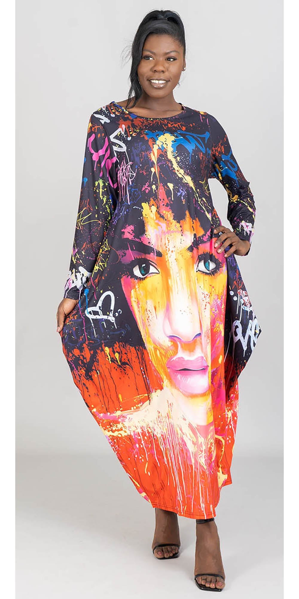 KaraChic - CHH22129 - Graphic Face Print Knit Maxi Dress