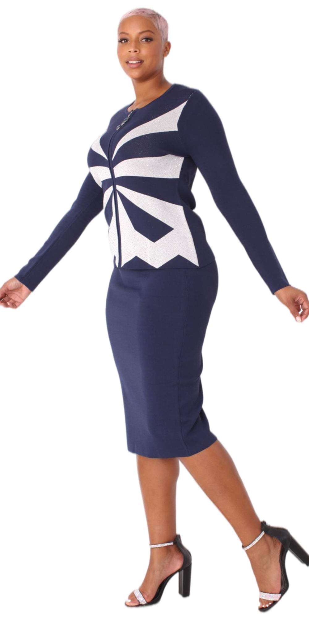 Kayla 5250 - Two Piece Two-Tone Starburst Design Womens Knit Skirt Suit