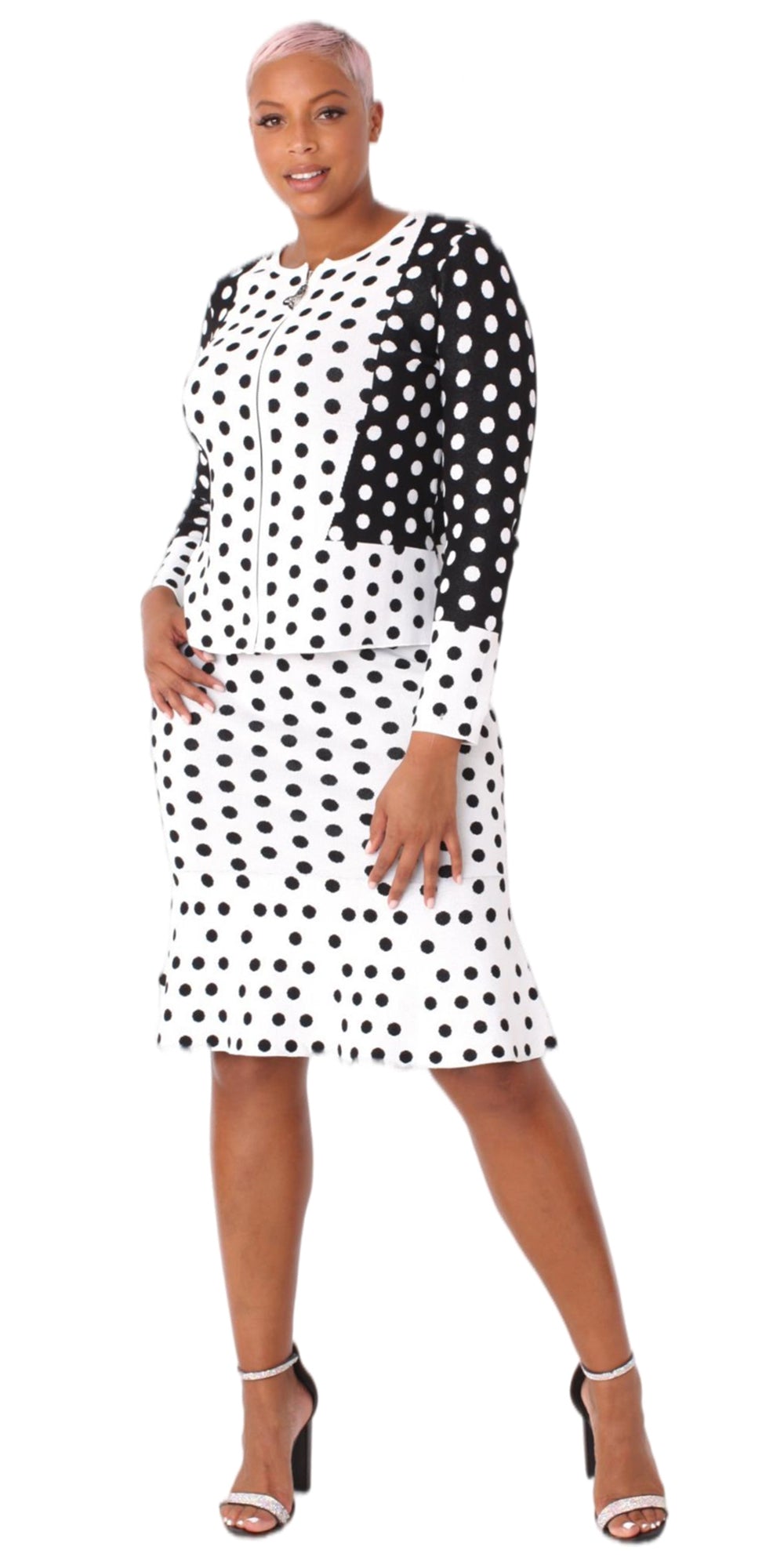 Kayla 5251 - Two Piece Jacket & Sleeveless Dress Set In Polka-Dot Design