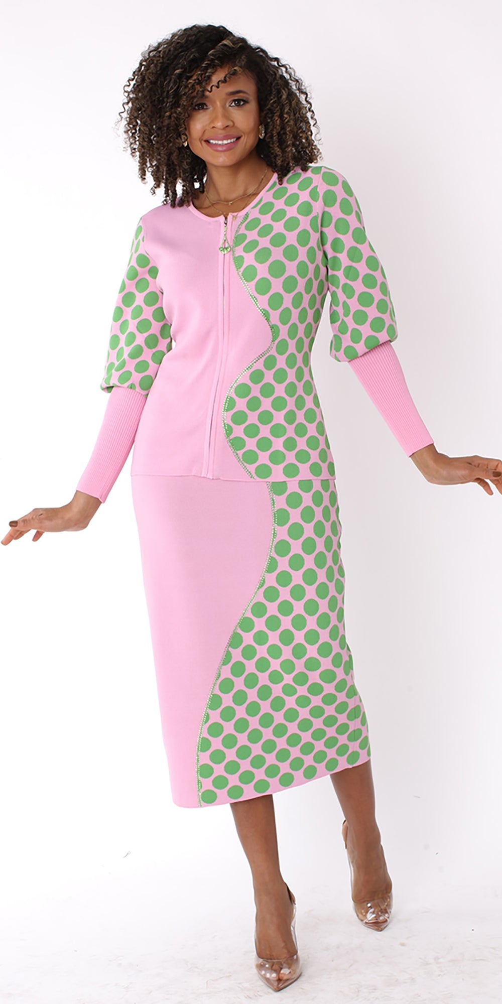 Kayla 5254 - Pink Green -Long-Sleeve Polka-Dot Wave Design Knit Skirt Suit With Rhinestones