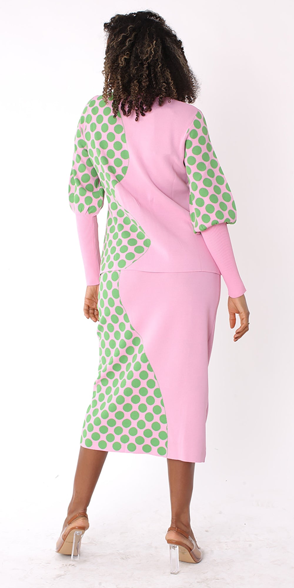 Kayla 5254 - Pink Green -Long-Sleeve Polka-Dot Wave Design Knit Skirt Suit With Rhinestones
