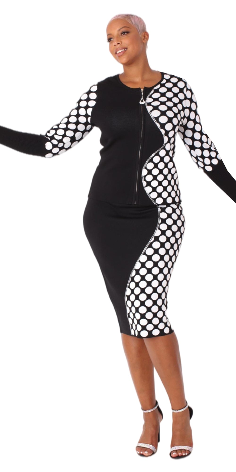 Kayla 5254 - Black White - Long-Sleeve Polka-Dot Wave Design Knit Skirt Suit With Rhinestones