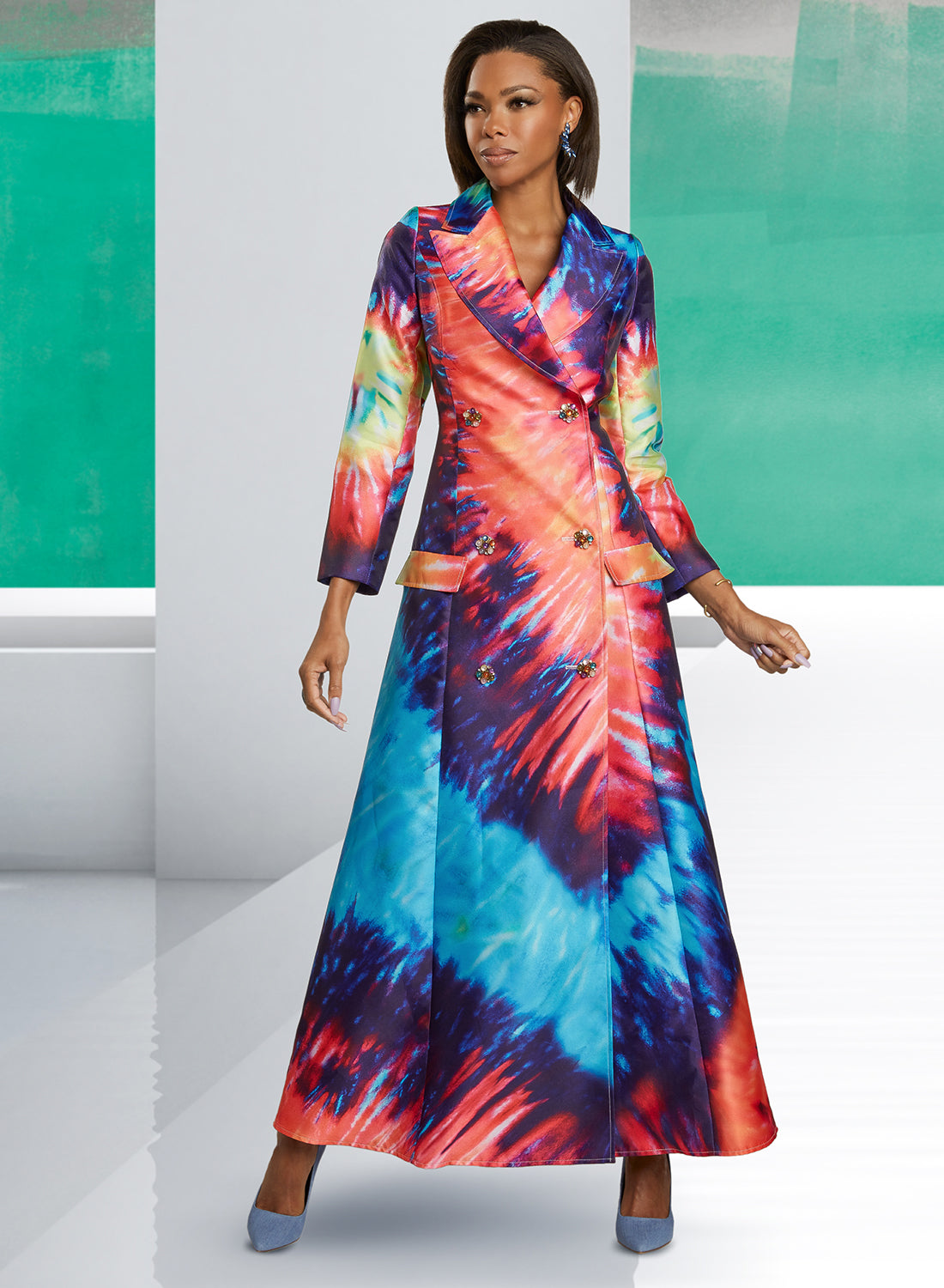 Love The Queen 17403 - Novelty Fabric Print Coat Dress with Colored Rhinestone Buttons