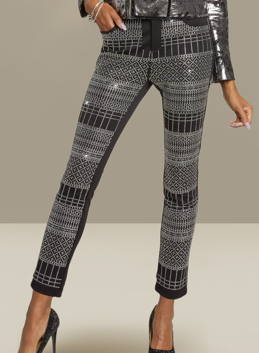 Love The Queen 17435P - Novelty Stretch Fabric Pants with Stone Trims