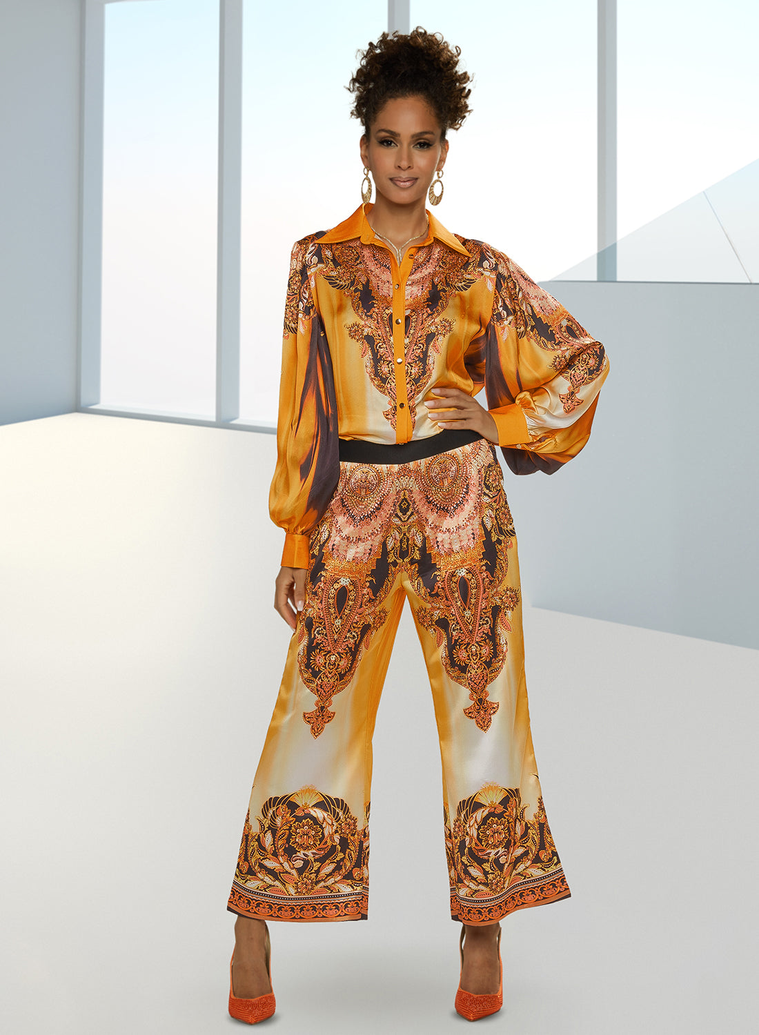 Love The Queen 17437P - Satin Print Pants with Rhinestone Details