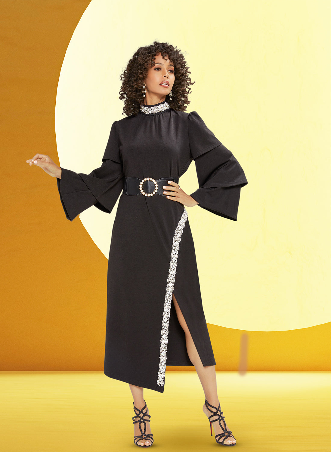 Love The Queen 17468 - Stretch Fabric Dress with Pearls & Rhinestone Trims with Belt