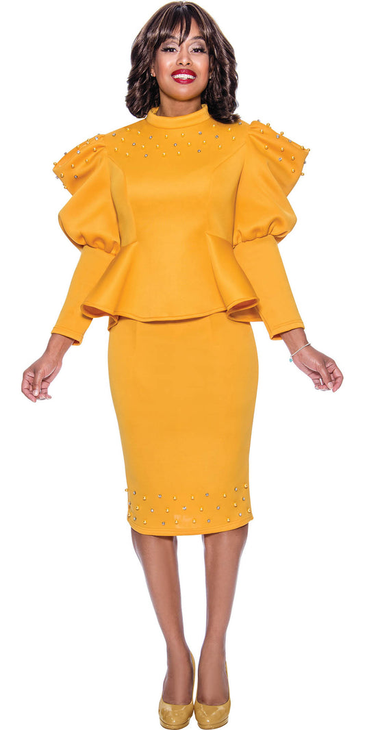 Stellar Looks - SL1402 - 2 PC Gold Scuba Skirt Suit With Embellishments