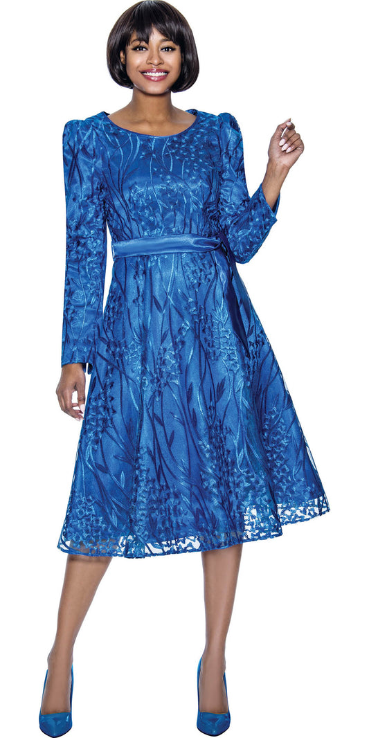 Terramina 7015  - Royal - Long Sleeve Dress With Sheer Textured Overlay and Sash Belt