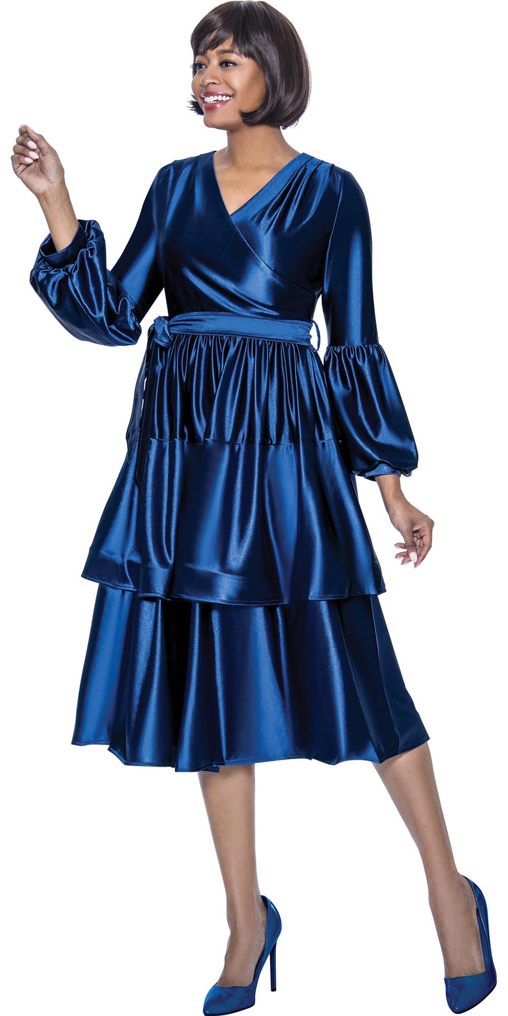 Terramina 7026 - Navy - Silk Look Dress with Tiered Skirt and Sash Tie