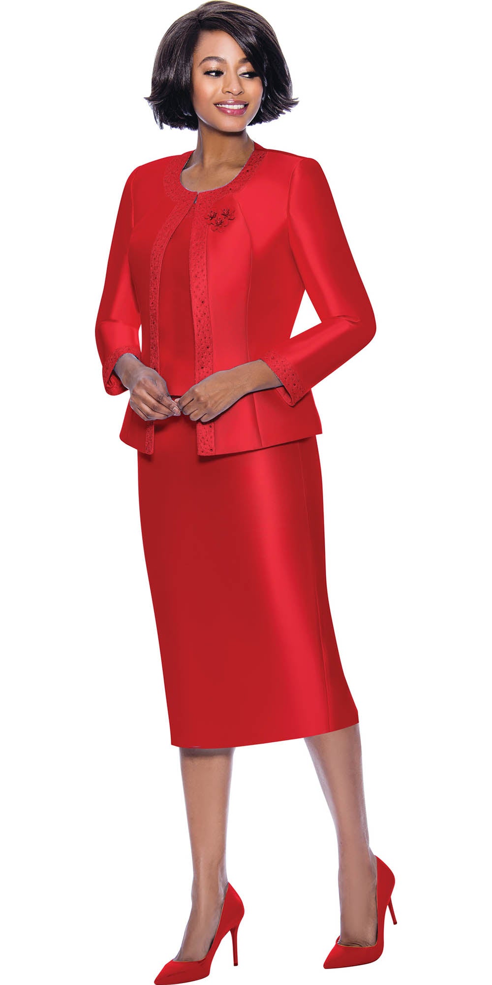 Terramina 7637 - Red - Embellished Trim 3 pc Skirt Suit