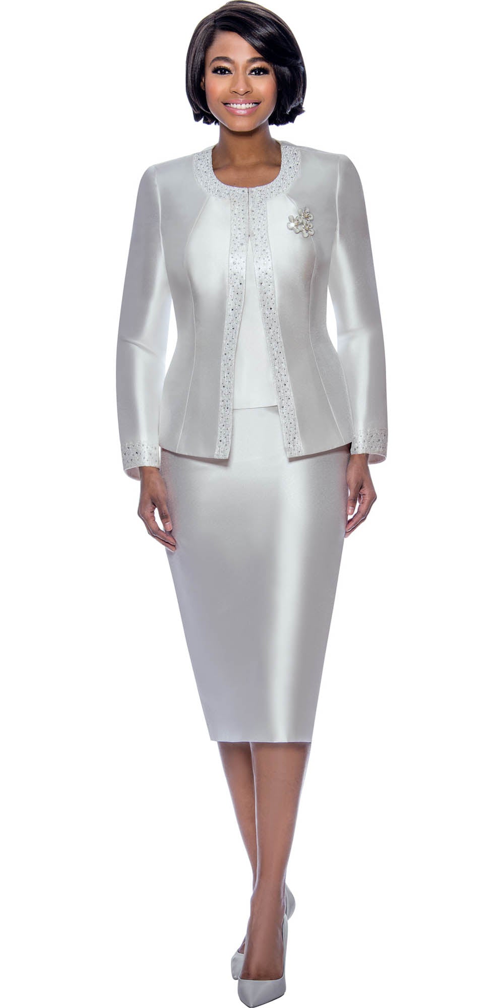 Terramina 7637 - Silver - Embellished Trim 3 pc Skirt Suit