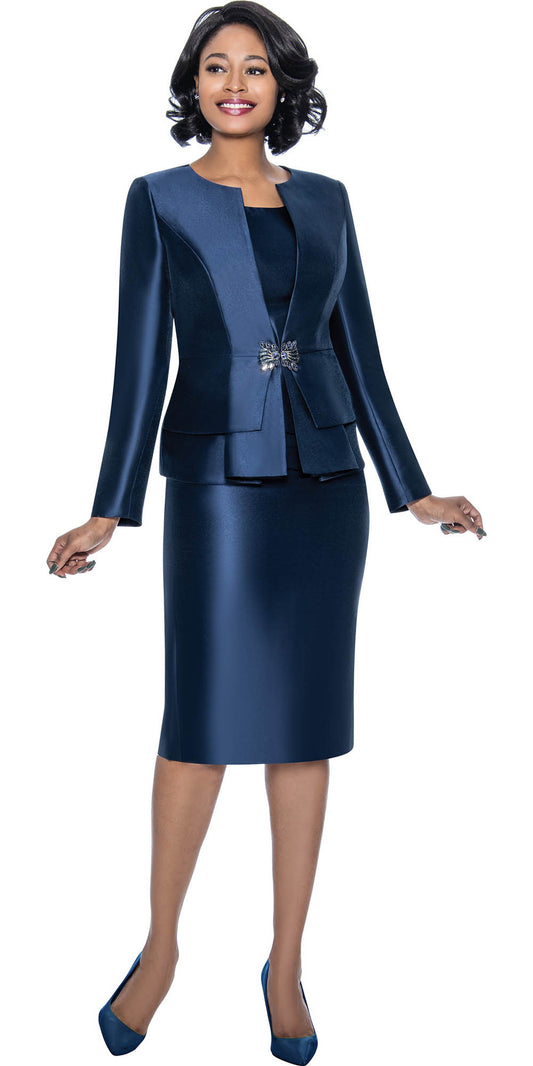 Terramina 7990 - Navy - Classic Style Womens Three Piece Church Suit With Pleated Layer Jacket