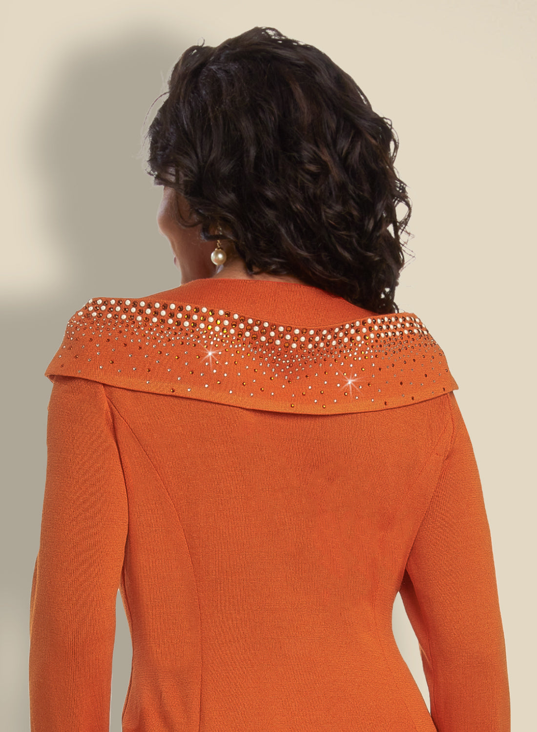 Donna Vinci - 13378 - Orange - Knit 2pc Skirt Suit with Rhinestone Detailing