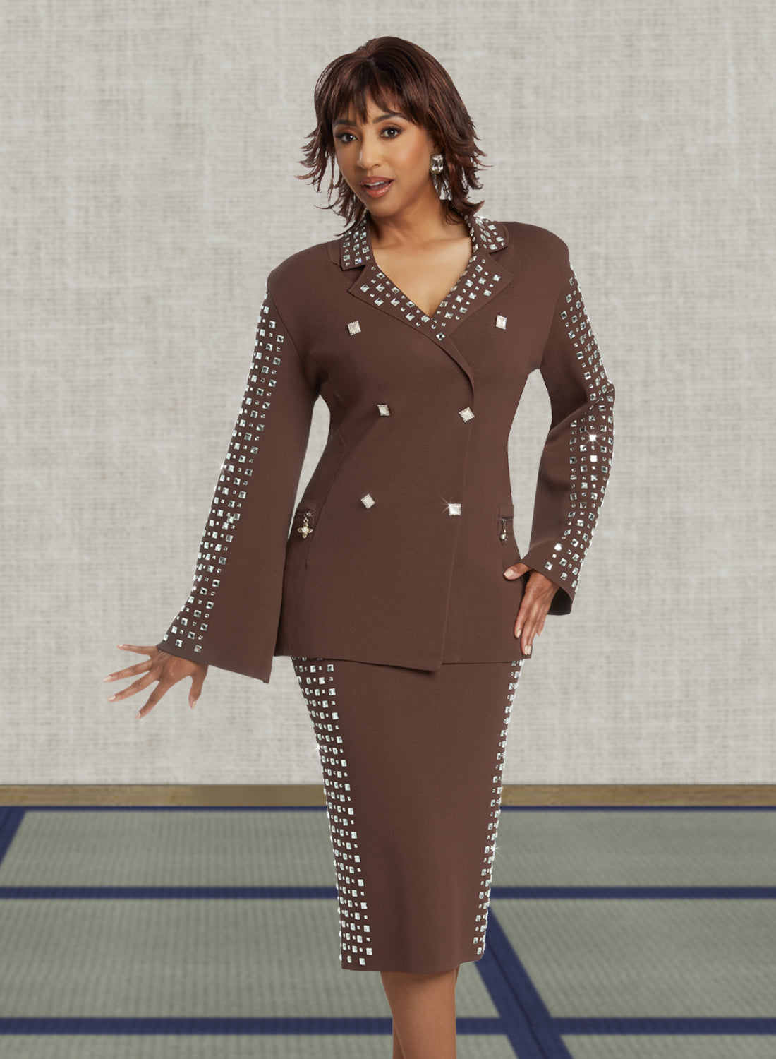 Donna Vinci - 13389 - Brown - Rhinestone Trim Knit 2pc Skirt Suit