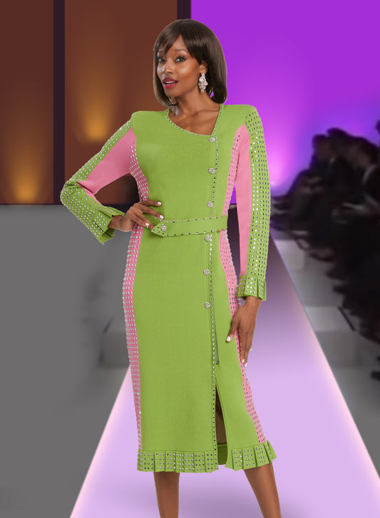 Donna Vinci - 13391 Lime & Pink - Two-tone Knit Dress with Rhinestones and Belt