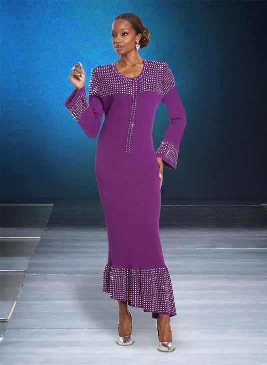 Donna Vinci - 13393 - Purple Embellished Knit Maxi Dress with Rhinestones