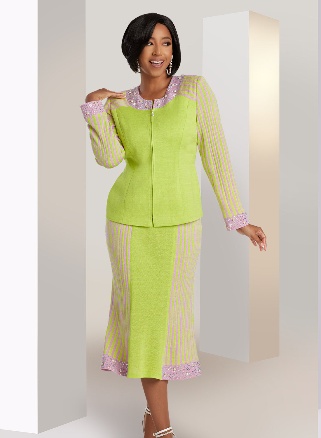Donna Vinci 13400 - Pink Lime - Stripe Zip Up Knit Skirt Suit with Pearls and Rhinestones